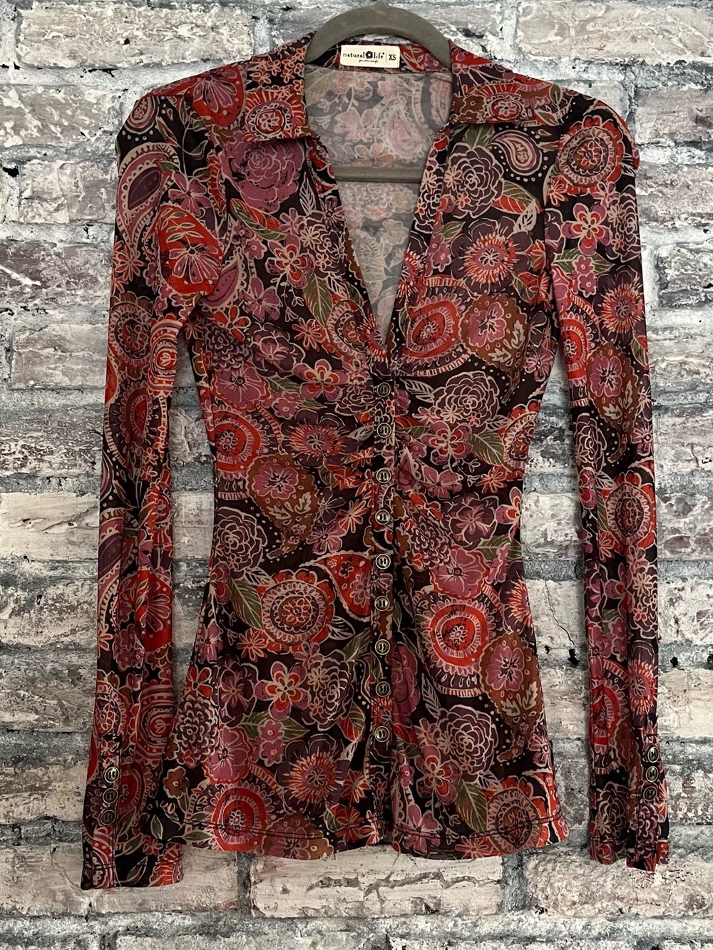 NATURAL LIFE Multicolor Floral Paisley Ruched Button-Front Top smoke/pet free